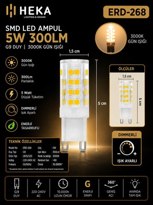 Avarson (1 Adet) Heka 5W Günışığı (3000K) G9 Duylu dim Edilebilir LED Kapsül Ampul