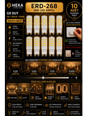 Avarson (10 Adet) Heka 5W Günışığı (3000K) G9 Duylu dim Edilebilir LED Kapsül Ampul