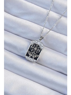 TeknoKapsül 316L Çelik Zincir Gümüş Renk Işlemeli Siyah Mineli Tarot Kolye