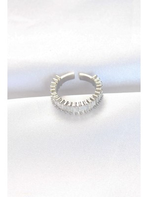 TeknoKapsül Sıralı Baget Taşlı Silver Renk Ayarlanabilir Yüzük