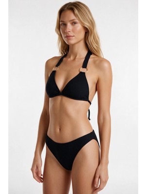 Aquella Halka Aksesuarlı Dokulu Siyah Üçgen Bikini