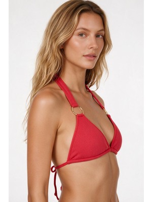 Aquella Halka Aksesuarlı Dokulu Kırmızı Üçgen Bikini