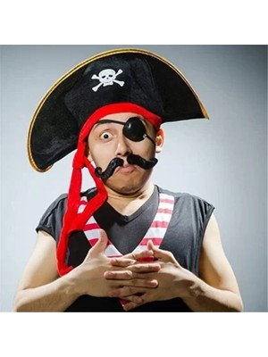 TeknoKapsül Yetişkin Boy Kadife Kaptan Jack Sparrow Korsan Şapkası ve Plastik Korsan Göz Maskesi