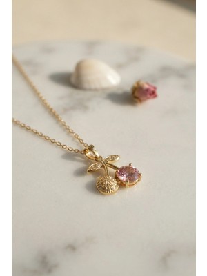 Teknoparkx Mey Ithalat® 316L Çelik Zincir Gold Renk Pembe Kiraz Model Kolye