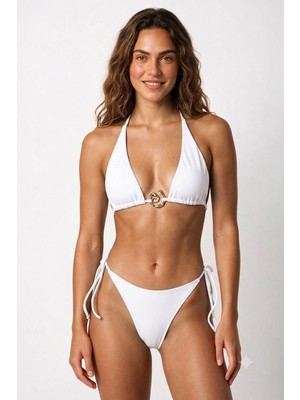 Aquella Aksesuar Detaylı Ekru Uzun Üçgen Bikini Takım