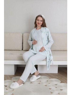 raia Kadın Mavi Özel Tasarım Desenli Düğmeli Dantelli Lohusa Hamile Sabahlık Pijama Takımı 3'lü Set