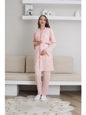 raia Kadın Somon Özel Tasarım Desenli Düğmeli Dantelli Lohusa Hamile Sabahlık Pijama Takımı 3'lü Set