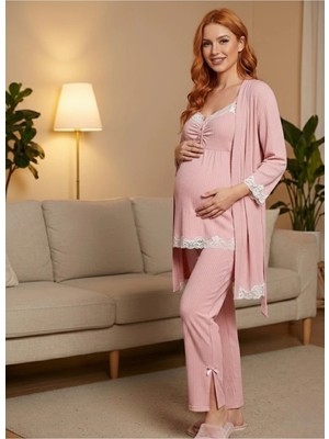 raia Yeni Sezon Pembe Ribana Askılı Emzirme Özellikli Lohusa Hamile Sabahlık,şort,pijama Takımı 4'lü Set