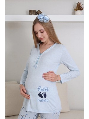 raia Kadın Mavi Özel Tasarım Desenli Uzun Kol Pamuk Hamile Lohusa Pijama Takımı