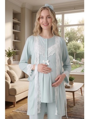 raia Yeni Sezon Mint Yeşili Dantel Detaylı Yazlık Tasarım Düğmeli Hamile Lohusa Sabahlık Pijama Takım Set