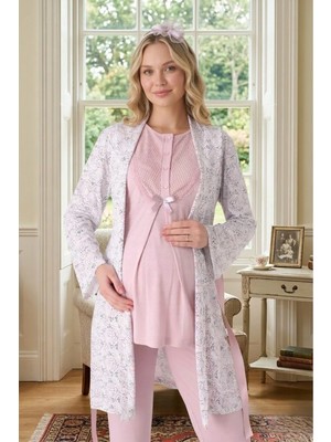 raia Yeni Sezon Pudra Yazlık Şal Yaka Desenli Emzirme Özellikli Kısa Kol Hamile Sabahlık Pijama Takım Set