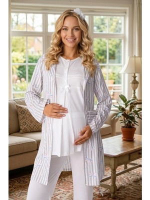 raia Yeni Sezon Ekru Yazlık Şal Yaka Çizgili Emzirme Özellikli Kısa Kol Hamile Sabahlık Pijama Takım Seti