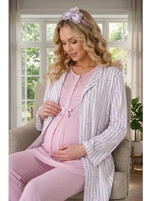 raia Yeni Sezon Pudra Yazlık Şal Yaka Çizgili Emzirme Özellikli Kısa Kol Hamile Sabahlık Pijama Takım Set