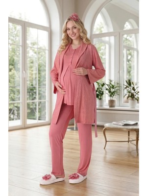 raia Yeni Sezon Nar Çiçeği Şal Yaka Düğmeli Yazlık Jakarlı Kısa Kol Hamile Sabahlık Pijama Takımı Seti