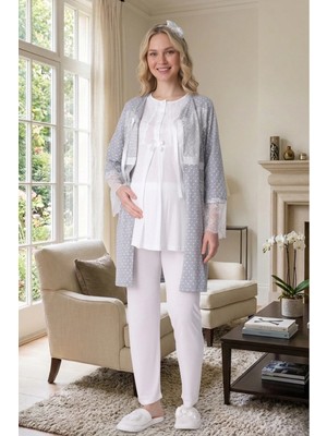 raia Yeni Sezon Gri Ekru Yazlık Puantiyeli Düğmeli Kısa Kol Şık Dantelli Hamile Sabahlık Pijama Takım Set