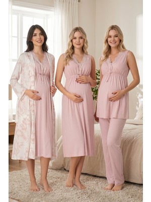 Lohussa Kadın Pembe Geniş Askılı Desenli Hamile Lohusa Sabahlık Pijama Takımı Gecelik 4'lü Set