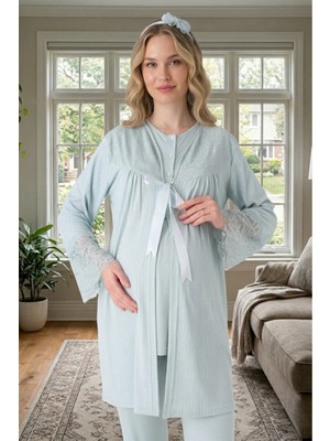 raia Yeni Sezon Mint Yeşil Yazlık Jakarlı Düğmeli Tasarım Dantel Detaylı Hamile Sabahlık Pijama Takım Set