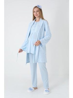 raia Mavi Jakarlı Şal Yaka Özel Tasarım Kışlık Uzun Kol %100 Pamuk Hamile Sabahlık Pijama Takımı 3'lü Set