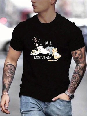 Tarz Yeri Erkek Baskılı T-Shirt Kısa Kol Bisiklet Yaka Regular Fit Rahat Kalıp Günlük Tişört - Siyah