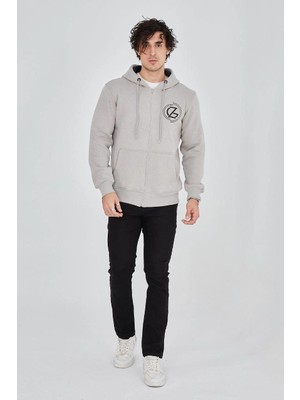 Tarz Yeri Erkek 3 Iplik Pamuklu Fermuarlı Kapüşonlu Kanguru Cepli Hoodie - Boyalı Gri