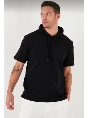 Tarz Yeri Erkek Kapüşonlu Tişört Kısa Kol Düz Oversize T-Shirt - Siyah