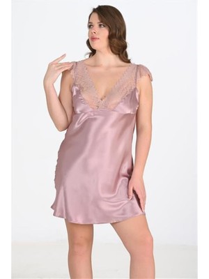 Aria's Closet Büyük Beden Dantel Işlemeli Vizon Gecelik