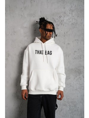 Tarz Yeri Erkek 3 Iplik Pamuklu Kapüşonlu Baskılı Cepli Oversize Sweatshirt Hoodie - Beyaz