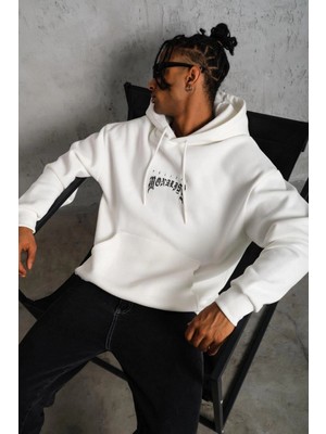 Tarz Yeri Erkek Baskılı Kapüşonlu ve Kanguru Cepli Sweatshirt Hoodie - Beyaz