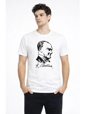 Tarz Yeri Erkek Atatürk Baskılı Tişört Kısa Kollu Bisiklet Yaka T-Shirt - Beyaz