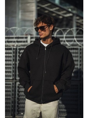 Tarz Yeri Erkek Tam Fermuarlı Cepli Kapüşonlu 3 Iplik Pamuklu Hoodie Sweatshirt - Siyah