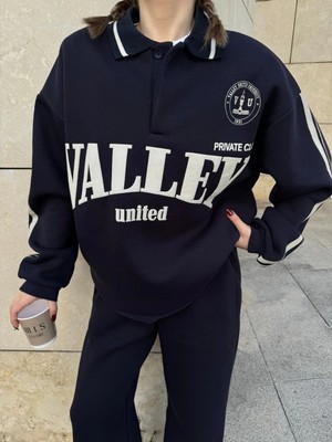 Tarz Yeri Kadın 3 Iplik Pamuklu Yakalı Sweat Baggy Pantolonlu Alt-Üst Takım - Siyah