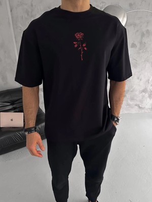 Tarz Yeri Erkek Bisiklet Yaka Baskılı Oversize  Kısa Kol T-Shirt - Siyah