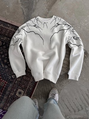 Tarz Yeri Erkek Yıldırım Baskılı Bisiklet Yaka 3 Iplik Pamuklu Sweatshirt - Beyaz