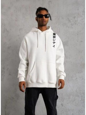 Tarz Yeri Erkek 3 Iplik Pamuklu Kapüşonlu Baskılı Cepli Oversize Sweatshirt Hoodie - Beyaz