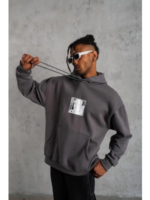 Tarz Yeri Erkek 3 Iplik Pamuklu Kapüşonlu Baskılı Cepli Oversize Sweatshirt Hoodie - Gri