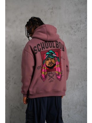 Tarz Yeri Erkek 3 Iplik Pamuklu Kapüşonlu Baskılı Cepli Oversize Sweatshirt Hoodie - Gül Kurusu