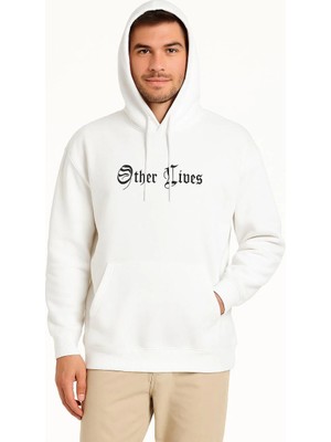 Tarz Yeri Erkek Kapüşonlu Kanguru Cepli Sweatshirt 3 Iplik Pamuklu Baskılı Hoodie - Beyaz