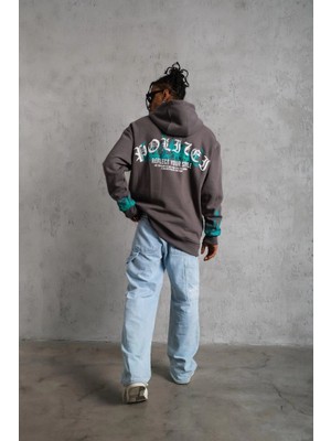 Tarz Yeri Erkek 3 Iplik Pamuklu Alev Baskılı Kapüşonlu Hoodie Sweatshirt - Gri