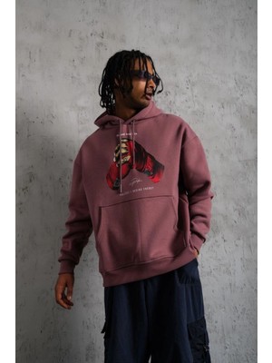 Tarz Yeri Erkek Kapüşonlu Cepli Box Eldiven Baskılı 3 Iplik Sweatshirt Hoodie - Gül Kurusu