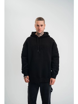 Tarz Yeri Erkek 3 Iplik Pamuklu Oversize Kapüşonlu Nakışlı Hoodie Sweatshirt - Siyah
