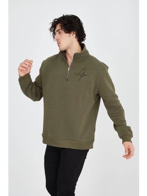 Tarz Yeri Erkek Yarım Fermuarlı Baskılı 3 Iplik Pamuklu Sweatshirt - Yeşil