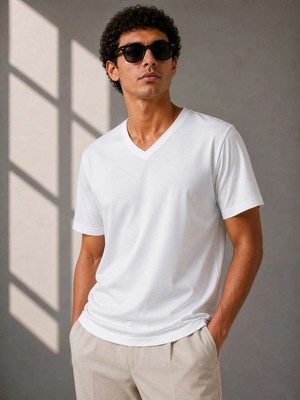 Tarz Yeri Erkek V Yaka Basic Tişört Kısa Kol Yazlık Regular Fit T-Shirt - Beyaz