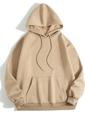 Tarz Yeri Kadın Kapüşonlu Kanguru Cepli 3 Iplik Pamuklu Düz Hoodie Sweatshirt - Bej