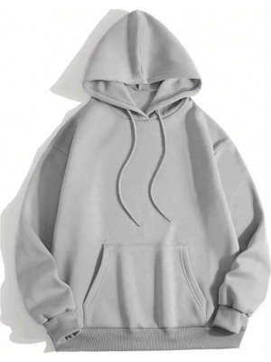 Tarz Yeri Kadın Kapüşonlu Kanguru Cepli 3 Iplik Pamuklu Düz Hoodie Sweatshirt - Gri