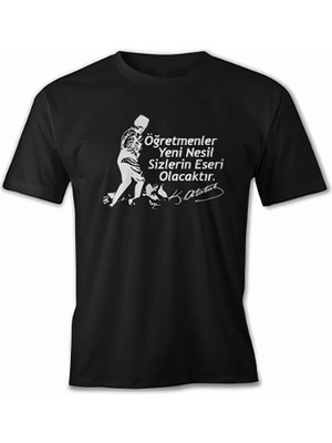 Tarz Yeri 24 Kasım Öğretmenler Günü Hediye Baskılı Oversize Bisiklet Yaka T-Shirt - Siyah