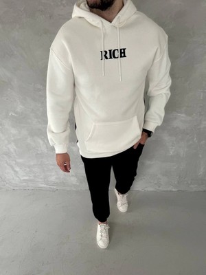 Tarz Yeri Erkek Kapüşonlu Kanguru Cepli Sweatshirt 3 Iplik Pamuklu Baskılı Hoodie -  Beyaz