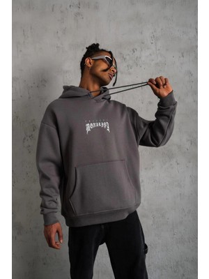 Tarz Yeri Erkek 3 Iplik Pamuklu Kapüşonlu Baskılı Cepli Oversize Sweatshirt Hoodie - Gri