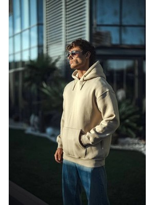 Tarz Yeri Erkek 3 Iplik Pamuklu Kapüşonlu Basic Sweatshirt Hoodie - Bej