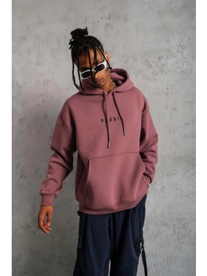 Tarz Yeri Erkek 3 Iplik Pamuklu Kapüşonlu Baskılı Cepli Oversize Sweatshirt Hoodie - Gül Kurusu