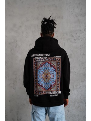 Tarz Yeri Erkek 3 Iplik Pamuklu Kapüşonlu Baskılı Cepli Oversize Sweatshirt Hoodie - Siyah